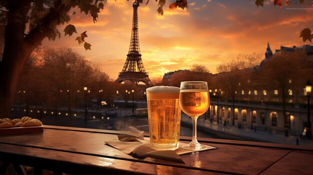 Bevande romantiche davanti alla torre eiffel al tramonto a Parigi Francia