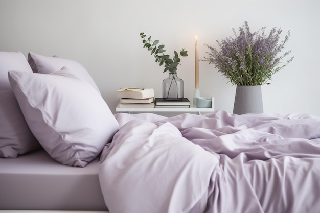 Biancheria da letto color lavanda con un vaso di fiori di lavanda e una candela generativa ai