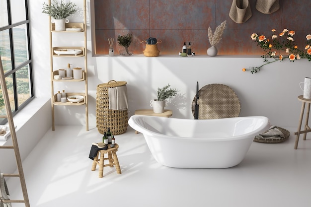 Bianco accogliente bagno interno con bella vasca da bagno accessori da bagno asciugamano pianta piastrelle parete scaletta rose Design minimale Sfondo del bagno Mockup 3d Rendering