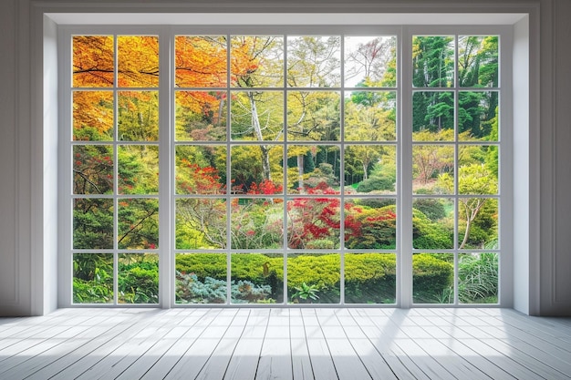 Bianco alto davanzale della finestra con giardino d'autunno sullo sfondo