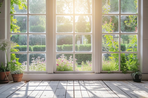 Bianco alto davanzale della finestra con giardino estivo sullo sfondo