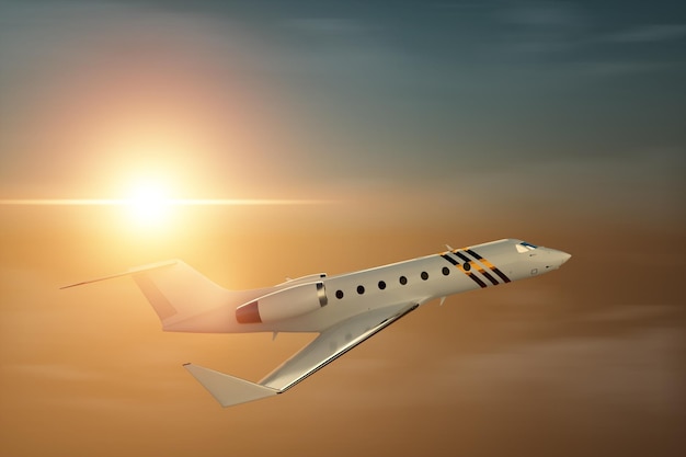 Bianco business jet privato sullo sfondo del tramonto nel cielo soffici nuvole Voli d'affari jet privato vita di lusso viaggi aziendali viaggi di lusso illustrazione 3D rendering 3D