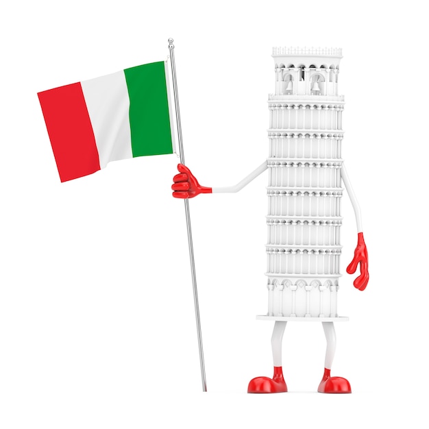 Bianco Cartoon Pendente Pisa Torre Persona con bandiera Italia su sfondo bianco. Rendering 3D