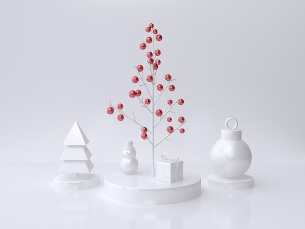 bianco dello stile minimo dell'uomo della neve del contenitore di regalo della palla dell'albero di Natale e rappresentazione metallica rossa della palla 3d