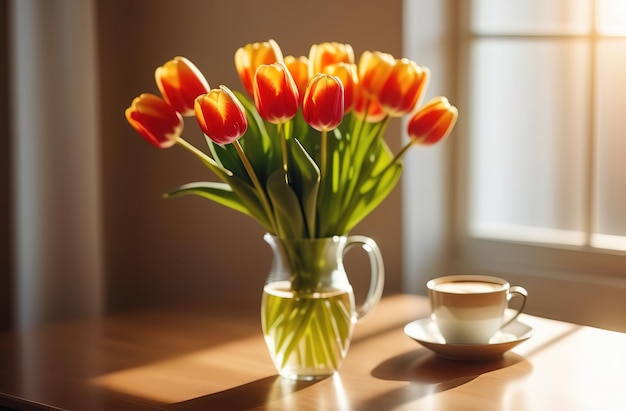 Bianco e rosa chiaro rosso giallo tulipani bouquet in vaso di vetro con tazza di caffè latte cappuccino