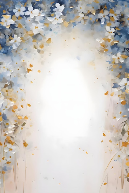 Bianco vuoto con spazio per il proprio contenuto intorno a decorazioni di fiori bianchi blu e oro con confetti