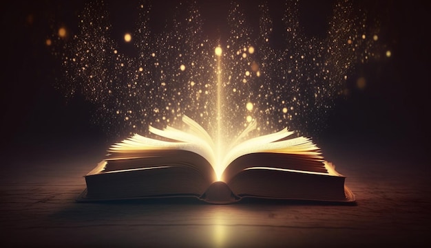 Bibbia a libro aperto su scrivania in legno con luce fantasy mistica brillante come spirito santo IA generativa