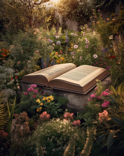 Bibbia nel mezzo di un giardino pieno di fiori creato con la tecnologia Generative AI