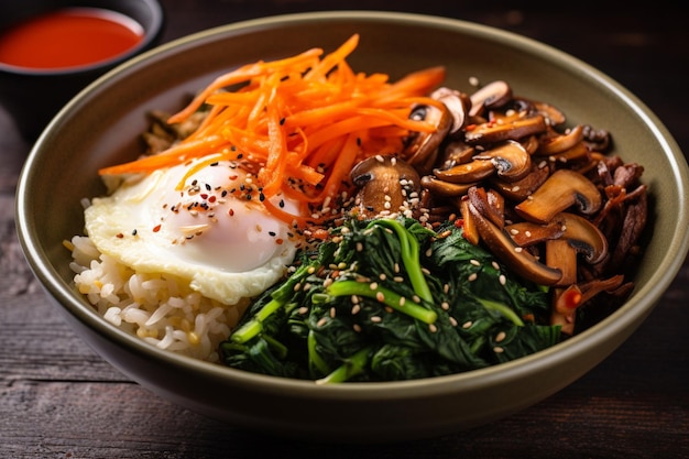 Bibimbap vegano con funghi e spinaci