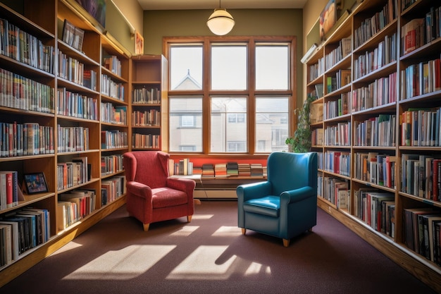 Biblioteca con libri colorati sugli scaffali e sedia da lettura creata con intelligenza artificiale generativa