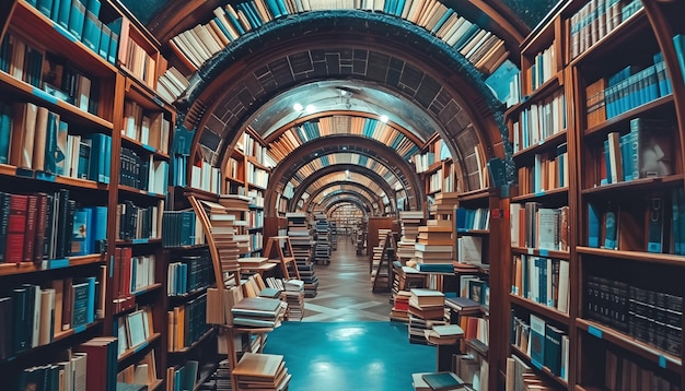 Biblioteca con libri Lungo corridoio ad arco con libri Vecchia biblioteca