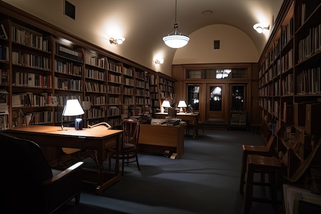 Biblioteca con scaffali e angoli lettura durante le prime ore del mattino creati con l'IA generativa