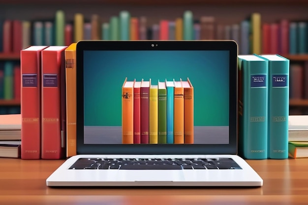 Biblioteca digitale e concetto di istruzione online computer portatile con libri colorati rendering 3D