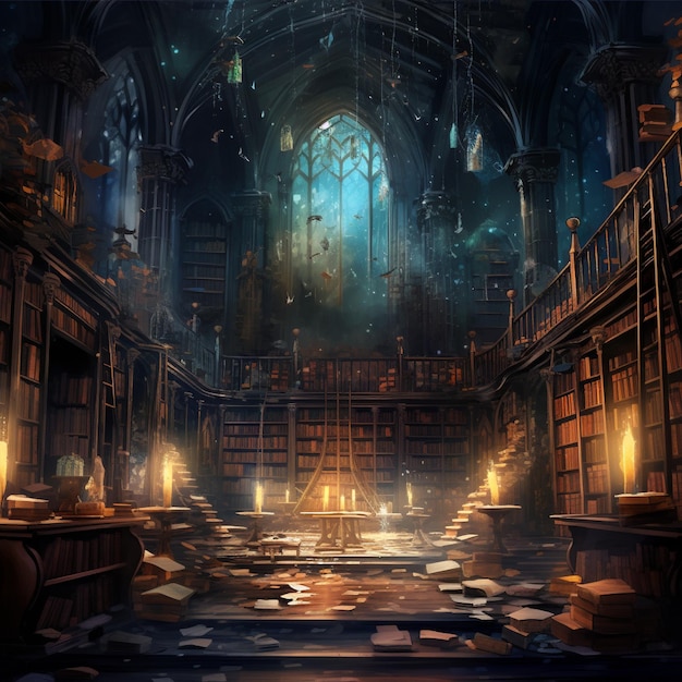 Biblioteca mistica con libri antichi