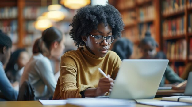 Biblioteca universitaria Ragazza nera dotata usa il portatile scrive appunti per lo studio di saggio per l'incarico di classe