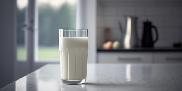 bicchiere con latte su un tavolo bianco su sfondo sfocato della cucina