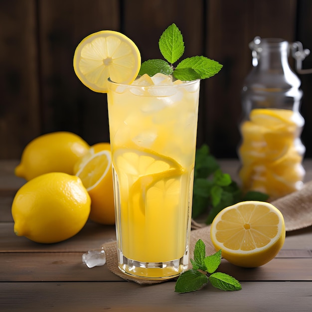 bicchiere con limonata fresca e una fetta di limone e foglie di menta come guarnizione Nelle vicinanze si trovano limoni interi e foglie verdi Rinfrescante bevanda vitaminica estiva sul tavolo di legno