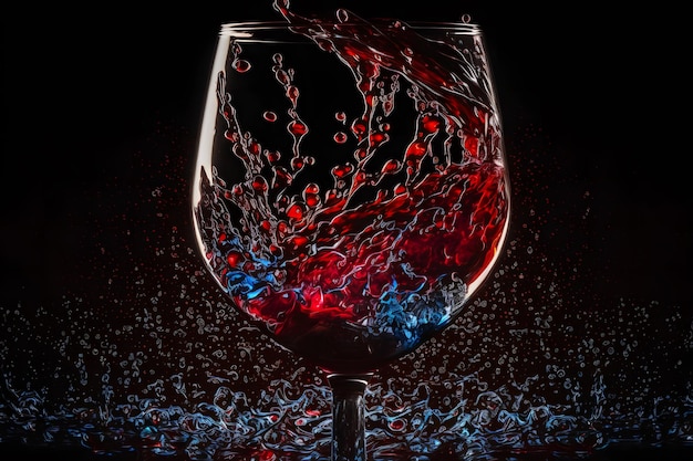 Bicchiere con spruzzata di vino rosso su sfondo nero Arte generata dalla rete neurale