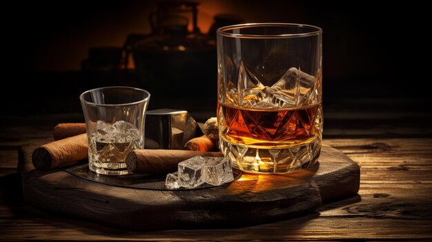 bicchiere con whisky su un vecchio tavolo di legno, pipa con sigaro