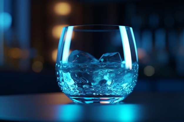 Bicchiere d'acqua con cubetti di ghiaccio sul tavolo nel rendering 3d del bar