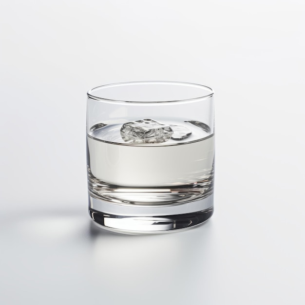 Bicchiere d'acqua con cubetto di ghiaccio su sfondo bianco