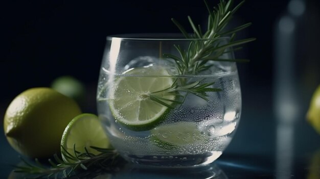 Bicchiere d'acqua con limone e ghiaccio IA generativa