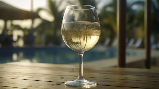 Bicchiere d'arte di vino bianco su una spiaggia tropicale AI generativo