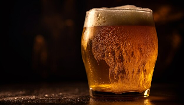 Bicchiere da birra schiumoso sul tavolo da bar scuro generato dall'intelligenza artificiale