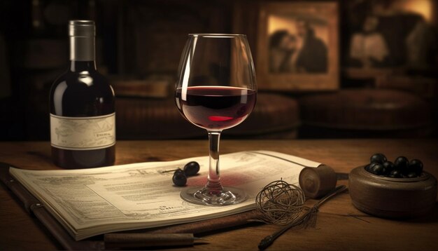 Bicchiere da bottiglia di vino dall'eleganza scura e libro vecchio stile sul tavolo generato dall'intelligenza artificiale