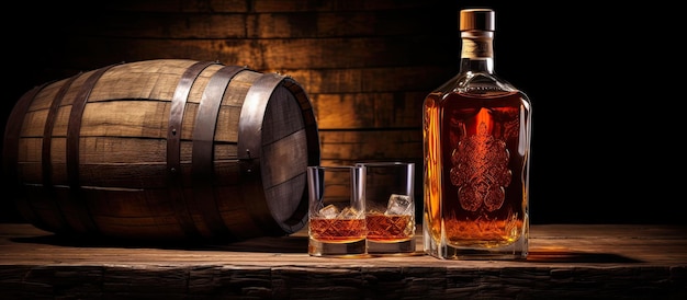 Bicchiere da bottiglia di whisky scozzese e vecchio barilotto di legno con spazio vuoto