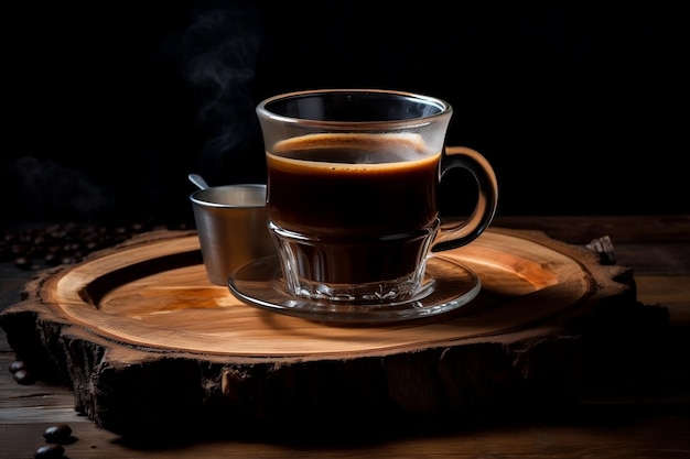 Bicchiere da caffè e tazza di caffè sul tavolo in legno generato da Ai