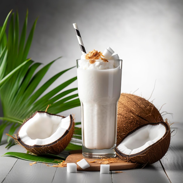 Bicchiere da frappè al cocco con cocco fresco affettato Generative AI