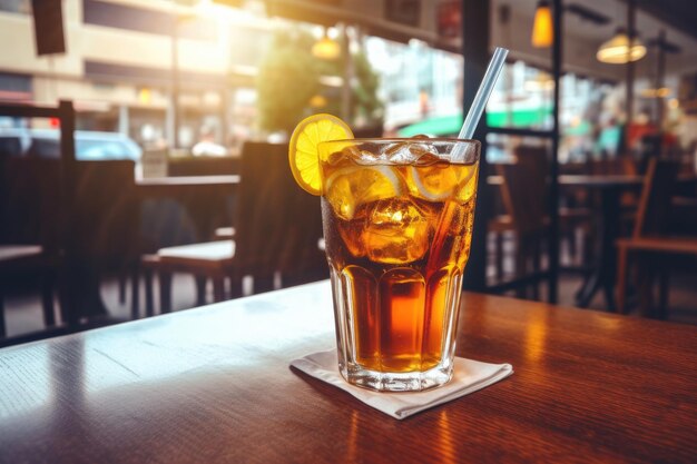 Bicchiere da primo piano di cocktail di tè freddo Long Island decorato con menta sul tavolo nella caffetteria AI generato