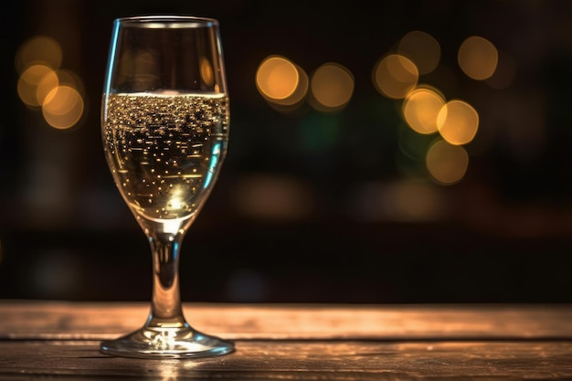 Bicchiere da vino Cava su un tavolo con lo sfondo delle luci di Natale