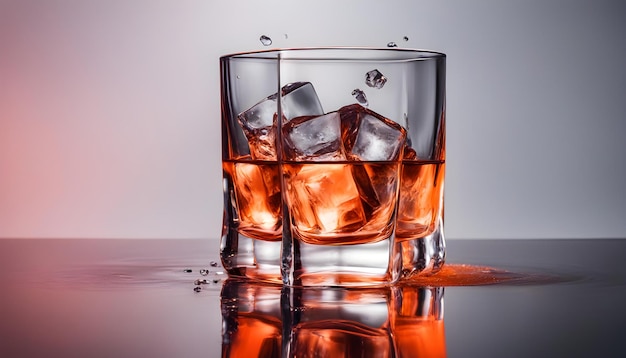 Bicchiere da whisky con cubetti di ghiaccio e spruzzi d'acqua isolati su sfondo al neon