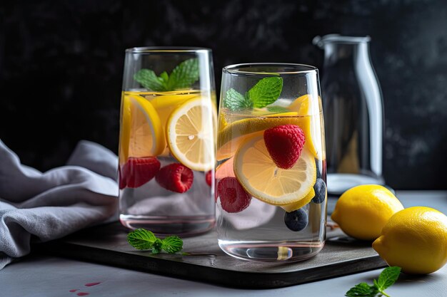 Bicchiere di acqua infusa di frutta con fetta di limone e menta sul lato creato con ai generativo