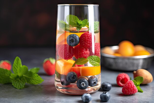 Bicchiere di acqua infusa di frutta con un pezzo di frutta galleggiante e menta creato con intelligenza artificiale generativa