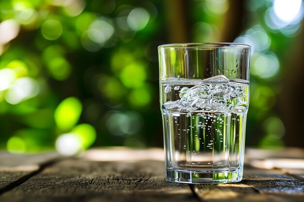 bicchiere di acqua potabile pulita con focalizzazione acuta selettiva su tavolo di legno con fogliame verde sfocato