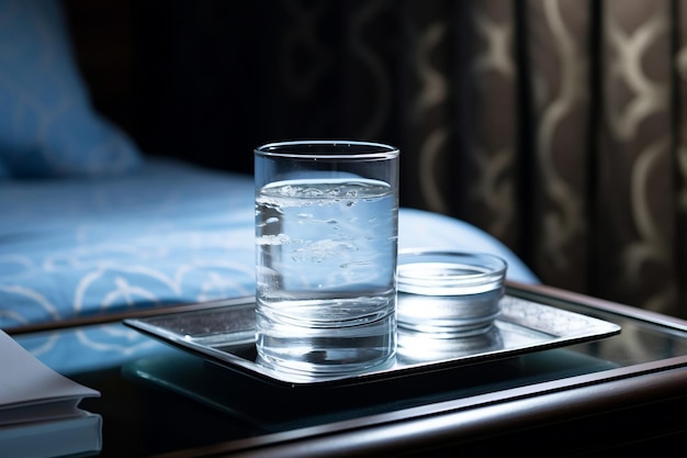 Bicchiere di acqua pura sul comodino IA generativa