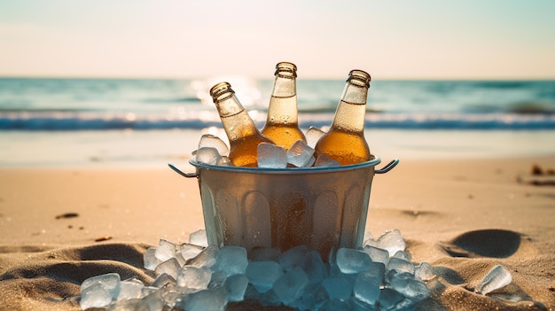 bicchiere di birra con ghiaccio sulla spiaggia