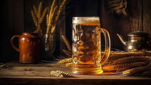 Bicchiere di birra con grano su sfondo di legno ai generato