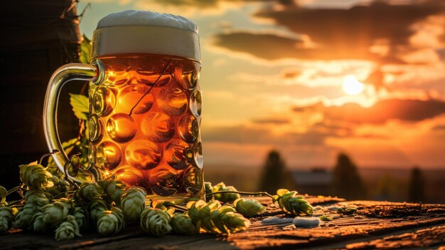 Bicchiere di birra con luppolo sullo sfondo del tramonto concetto di birra spazio di copia