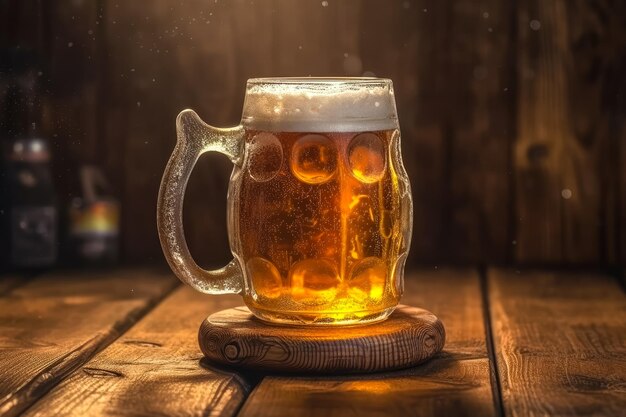 bicchiere di birra con schiuma di birra bianca su uno sfondo di tavolo in legno Ai generato