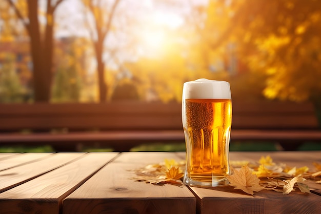 Bicchiere di birra da vicino su un tavolo di legno sullo sfondo autunnale all'esterno Focus selettivo concetto di vacanza dell'Oktoberfest Generato ai