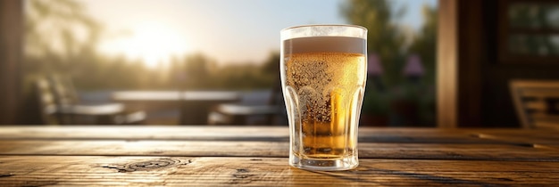 bicchiere di birra elegantemente posizionato su un tavolo la condensazione luccicante sul bicchiere catturando il fascino rinfrescante e sedente della bevanda