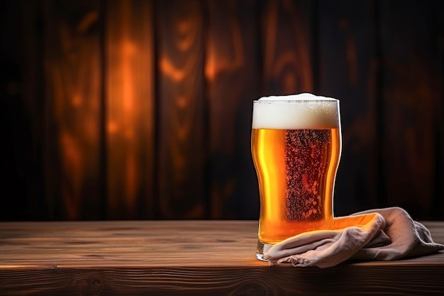 Bicchiere di birra fredda sul tavolo di legno su sfondo scuro e spazio vuoto