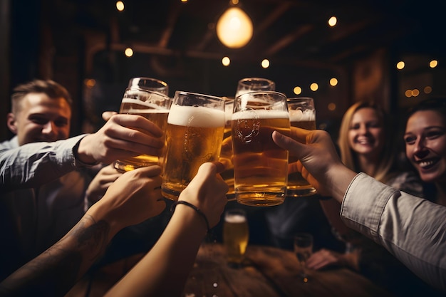 bicchiere di birra in mano gruppo di amici felici che bevono e brindano alla birra