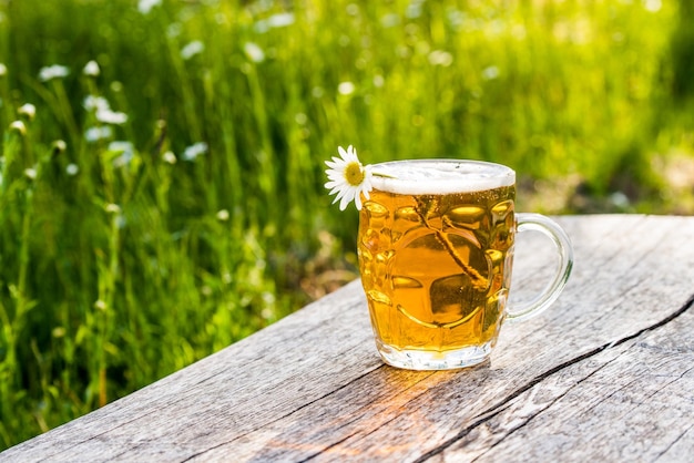 Bicchiere di birra leggera e camomilla sulla natura