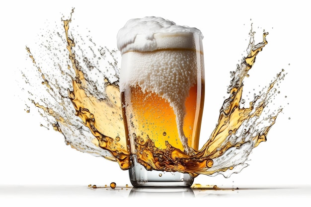 Bicchiere di birra schiumosa con spruzzi tazza piena di birra chiara dorata con spruzzi su sfondo bianco