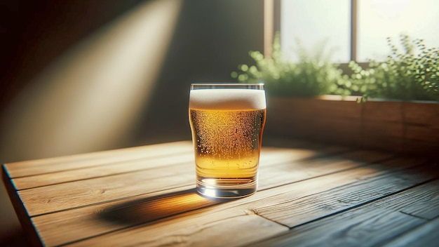 bicchiere di birra schiumosa posto su un tavolo di legno che cattura l'essenza del relax e della celebrazione